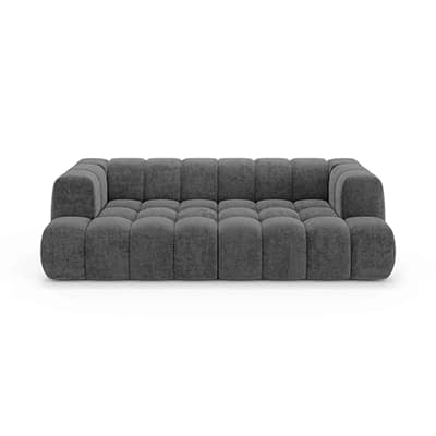 Dunkelgraues, niedriges Sofa mit breiten, würfelförmig gepolsterten Sitz- und Rückenflächen in Frontansicht