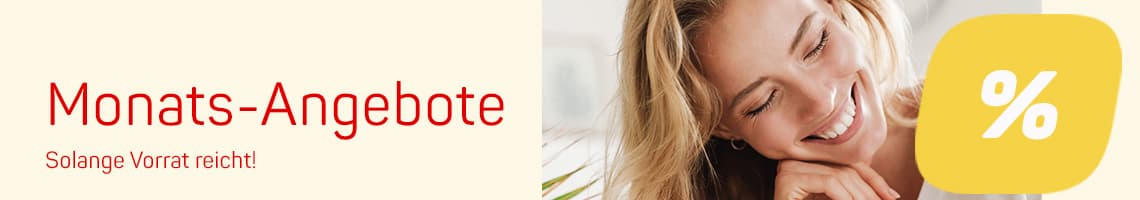 Monats-Angebote – Solange Vorrat reicht – Frau mit langem Haar lächelt, gelbes Feld mit Prozentzeichen