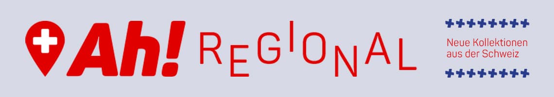 Ah! Regional – Neue Kollektionen aus der Schweiz, rotes Logo mit weißem Kreuz in Standort-Symbol