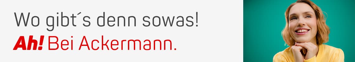 Wo gibt’s denn sowas! Ah! Bei Ackermann. – Person im gelben Oberteil stützt das Kinn mit beiden Händen