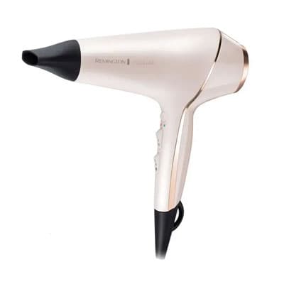 Heller Haartrockner mit dunkler Düse und Griff, seitlich vor weißem Hintergrund dargestellt