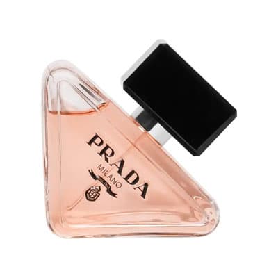 Prada Milano Parfumflakon in dreieckiger Form mit rosafarbenem Inhalt und schwarzem rechteckigem Deckel