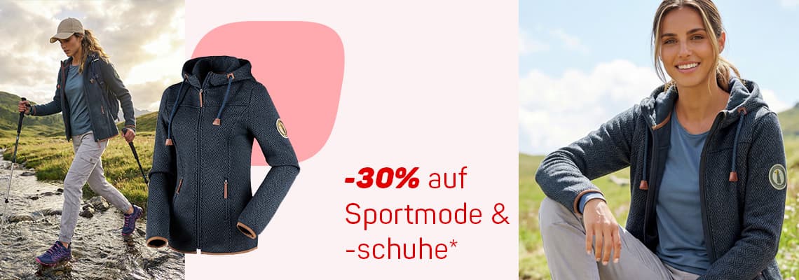 -30 % auf Sportmode und -schuhe – Frau wandert im Gebirge, daneben dieselbe Kapuzenjacke freigestellt und im Sitzen