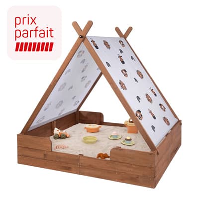 Prix parfait – Bac à sable tipi pour enfants avec toit imprimé et jouets posés sur le sable