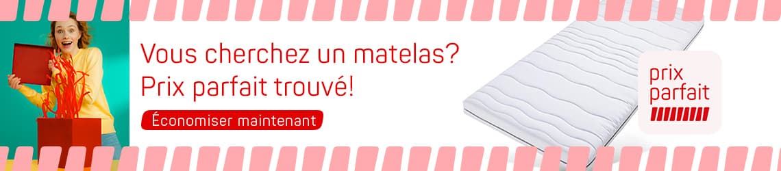 « Vous cherchez un matelas ? Prix parfait trouvé » – femme ouvrant une boîte cadeau et matelas blanc affiché à droite