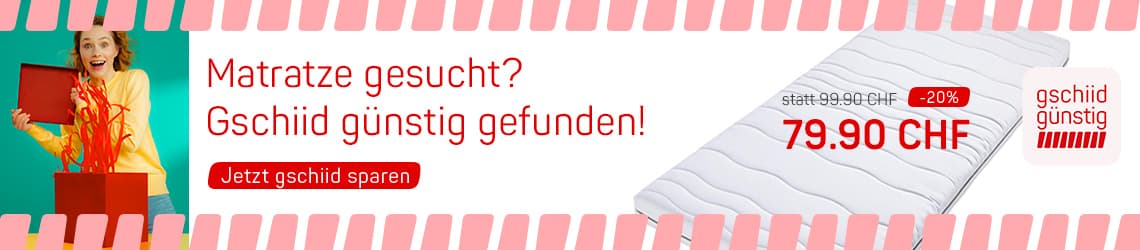 Matratze gesucht? Gschiid günstig gefunden – Angebot: Matratze für 79.90 CHF, daneben Person mit rotem Geschenkpaket