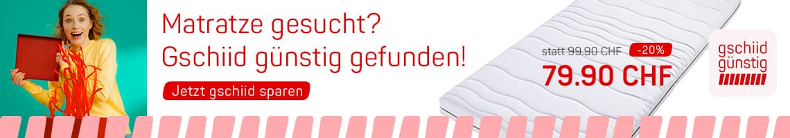 Matratze gesucht? Gschiid günstig gefunden – Angebot: Matratze für 79.90 CHF, daneben Person mit rotem Geschenkpaket