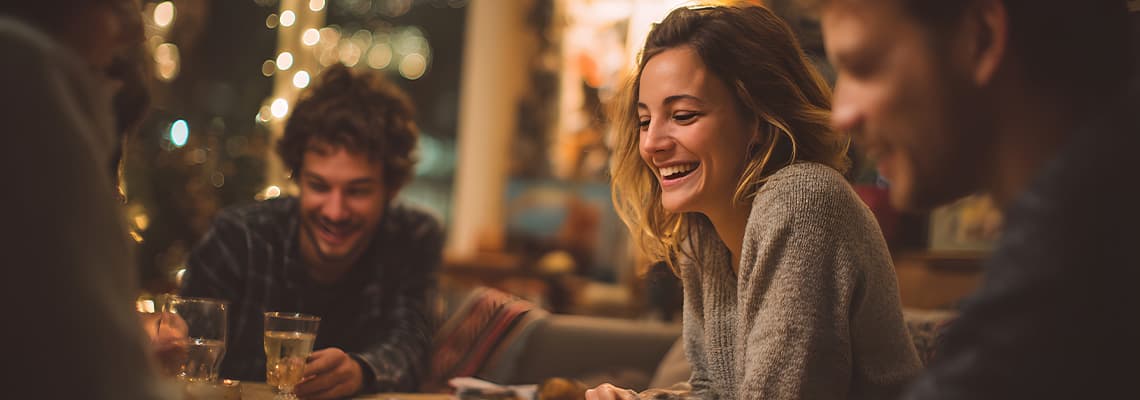 Freunde sitzen abends an einem Tisch, unterhalten sich und trinken zusammen in gemütlich beleuchteter Umgebung