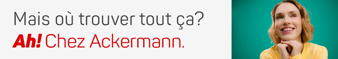 Texte « Mais où trouver tout ça ? Ah ! Chez Ackermann. » à côté d’une personne pensante en haut jaune