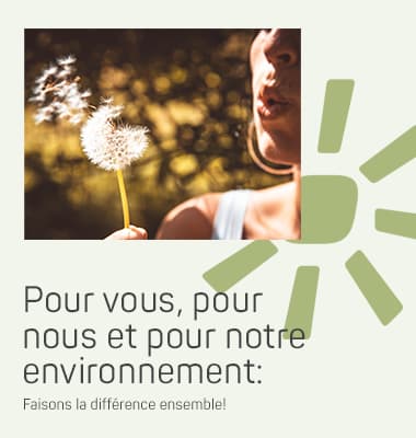 Pour vous, pour nous et pour notre environnement – Personne soufflant sur un pissenlit au soleil, texte écologique en bas