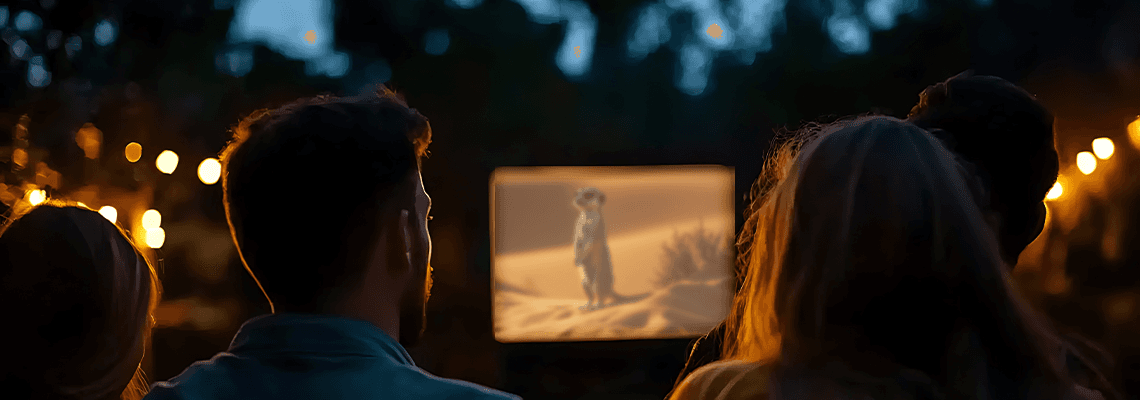 Groupe de personnes de dos regardant un film en plein air au crépuscule, écran montrant un animal debout dans le désert