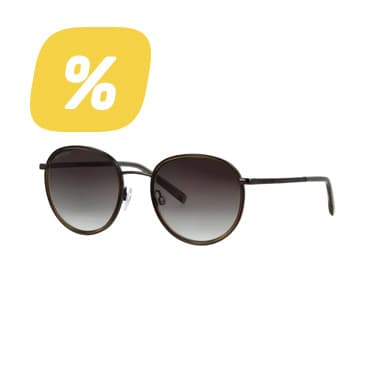 Prozentzeichen-Angebot – runde Sonnenbrille mit dunklen, nach unten heller werdenden Gläsern vor weißem Hintergrund