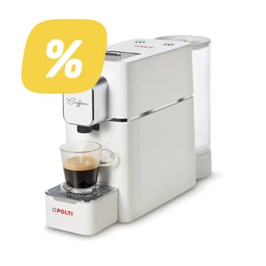 Prozentzeichen-Angebot – weiße Kapsel-Kaffeemaschine mit Glas, aus dem ein Espresso läuft