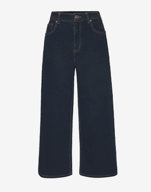 Pantalon large bleu foncé pour personne adulte, taille haute, jambes droites et poches avant et arrière