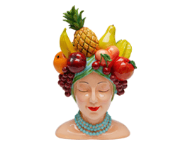Pot de fleurs en forme de buste avec couronne de fruits colorés et collier bleu