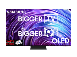SAMSUNG Bigger TV Bigger OLED – Téléviseur Samsung OLED avec fond violet abstrait, édition Swiss Streaming