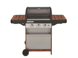 Barbecue à gaz trois brûleurs avec couvercle, deux larges tablettes latérales et roulettes à la base