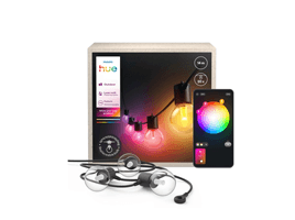 Guirlande lumineuse connectée Philips Hue avec ampoules colorées, boîte de produit et smartphone affichant un cercle de couleurs