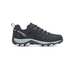 Chaussure de randonnée basse Merrell noire, vue de profil gauche, semelle épaisse bicolore