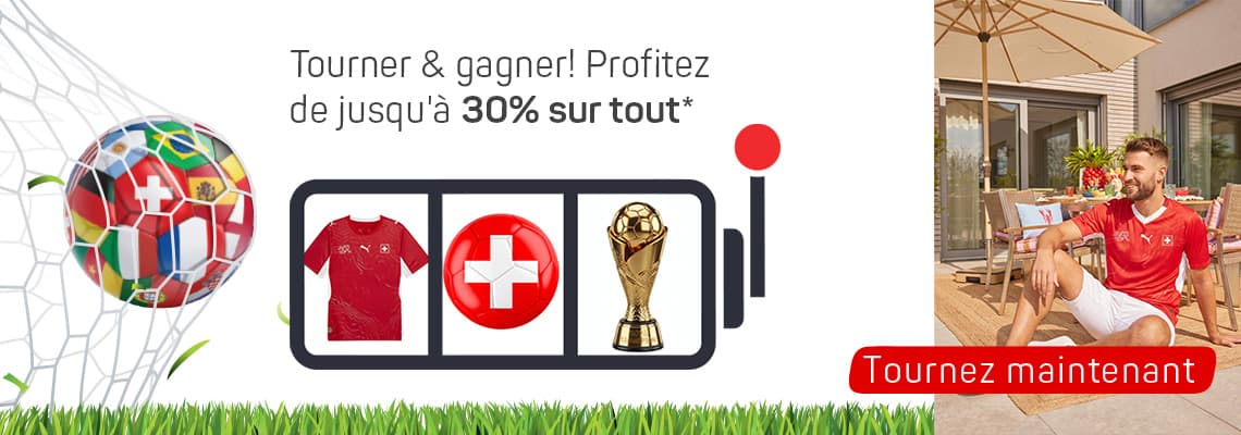 Tourner & gagner – Profitez de jusqu’à 30 % sur tout – Jeu type machine à sous et personne en maillot rouge sur une terrasse