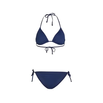 Dunkelblauer Bikini mit Triangel-Oberteil zum Binden und passendem Slip mit seitlichen Bändern