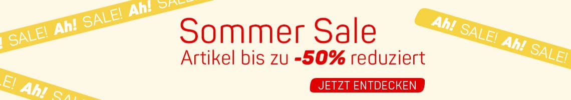 Sommer Sale – Artikel bis zu 50 % reduziert, gelbe Ah! SALE!-Bänder, roter Button mit Jetzt entdecken