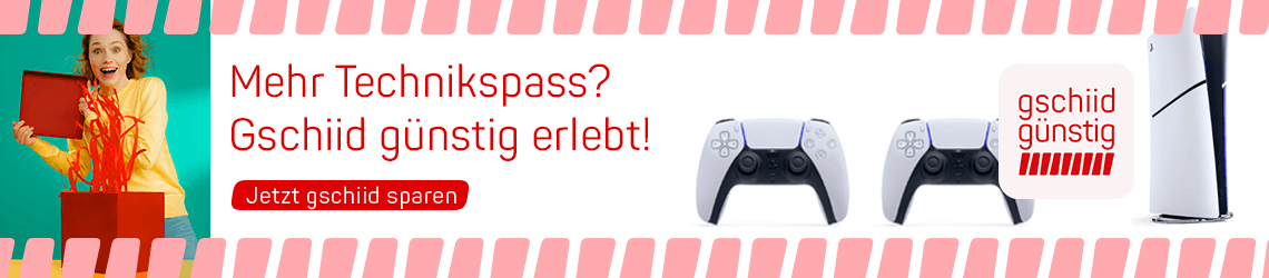 Mehr Technikspass? Gschiid günstig erlebt – Banner mit Spielkonsole, zwei Controllern und Button „Jetzt gschiid sparen“