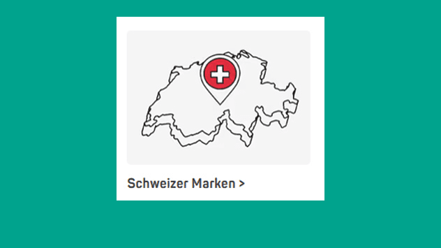 Schweizer Marken – Umrisskarte der Schweiz mit Standortpin und weißem Kreuz im roten Kreis