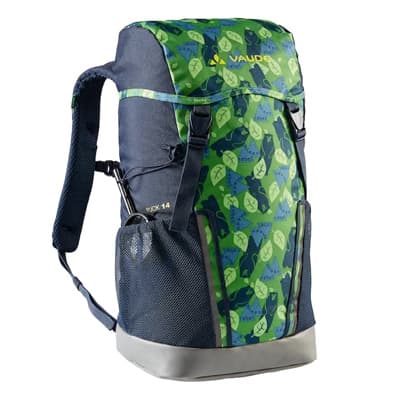 Blauer Kinder-Rucksack mit grünem Blattmuster, seitlichen Netztaschen und gepolsterten Trägern