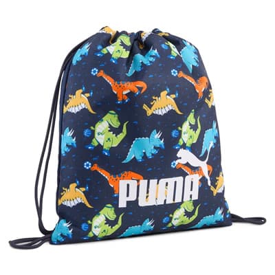 PUMA Turnbeutel in Dunkelblau mit bunten Dinosaurier-Motiven und schwarzen Kordeln