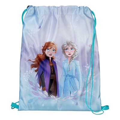 Hellblauer Turnbeutel mit Anna und Elsa vorne, umgeben von Schneeflocken und zarten Eiskristallen