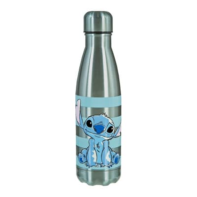 Trinkflasche mit hellblauen Streifen und großem Stitch-Motiv, der vorne sitzend in die Kamera blickt