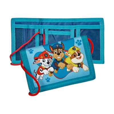 Türkise Kinder-Geldbörse mit roten Bändern und Paw-Patrol-Hunden Marshall, Chase und Rubble auf der Vorderseite