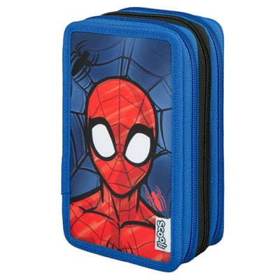 Blaue Federmappe mit großem Spider-Man-Motiv vor Spinnennetz und zwei Reißverschlussfächern