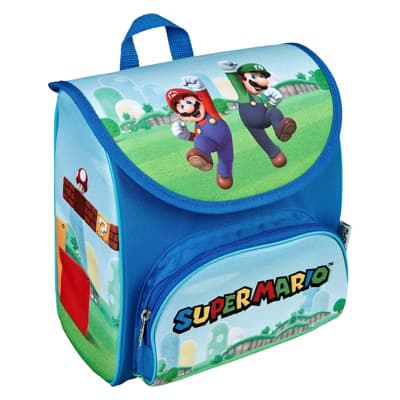 Super Mario – blauer Kinderrucksack mit Mario und Luigi im Sprung vor grüner Landschaft