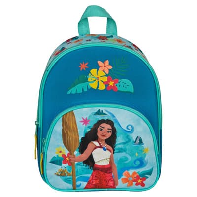 Türkiser Kinder-Rucksack mit Zeichnung eines Mädchens mit Paddel vor Meer, Inseln und bunten Blumen
