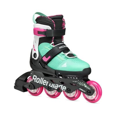 Kinder-Inlineskate in Türkis, Weiß und Pink mit vier Rollen und verstellbarem Schaft in Seitenansicht