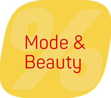 Mode & Beauty – roter Schriftzug vor großem Prozentzeichen auf gelbem Hintergrund