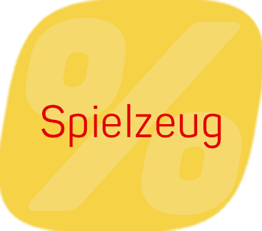 Spielzeug – roter Schriftzug vor großem hellgelbem Prozentzeichen auf gelbem Hintergrund