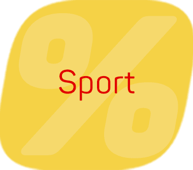 Sport – roter Schriftzug vor großem hellgelbem Prozentzeichen auf gelbem Hintergrund