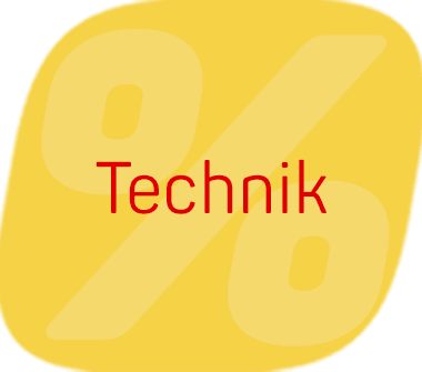 Technik – roter Schriftzug vor großem Prozentzeichen auf gelbem Hintergrund
