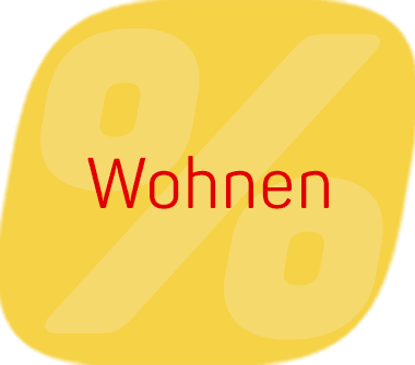 Wohnen – roter Schriftzug vor großem Prozentzeichen auf gelbem Hintergrund