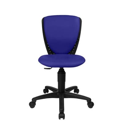 Bürodrehstuhl mit blauer Rückenlehne und blauem Sitz, schwarzem Fußkreuz und fünf Rollen