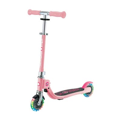 Rosa Kinder-Tretroller mit höhenverstellbarem Lenker und bunten LED-Leuchträdern vorne und hinten
