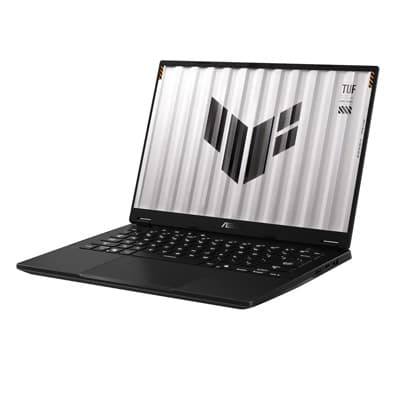 Aufgeklappter schwarzer Laptop mit großem TUF-Logo auf dem Display vor hellem Hintergrund