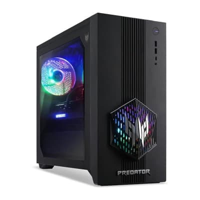 Schwarzer Predator Gaming-PC mit seitlichem Sichtfenster und bunt beleuchtetem Frontlüfter