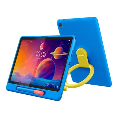 Blaues Tablet mit bunter Weltraum-Grafik, Vorder- und Rückseite sichtbar, gelber Ständer als Griff ausgeklappt