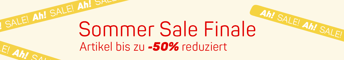 Sommer Sale Finale – Artikel bis zu 50 % reduziert, gelbe SALE-Bänder rahmen den Schriftzug ein