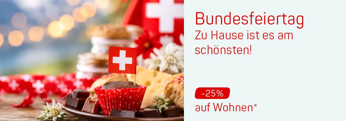 Bundesfeiertag – Zu Hause ist es am Schönsten! –25 % auf Wohnen – Schweizer Deko und Gebäck mit kleinen Flaggen