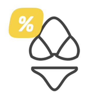 Prozentzeichen auf gelbem Feld neben Icon eines zweiteiligen Bikinis